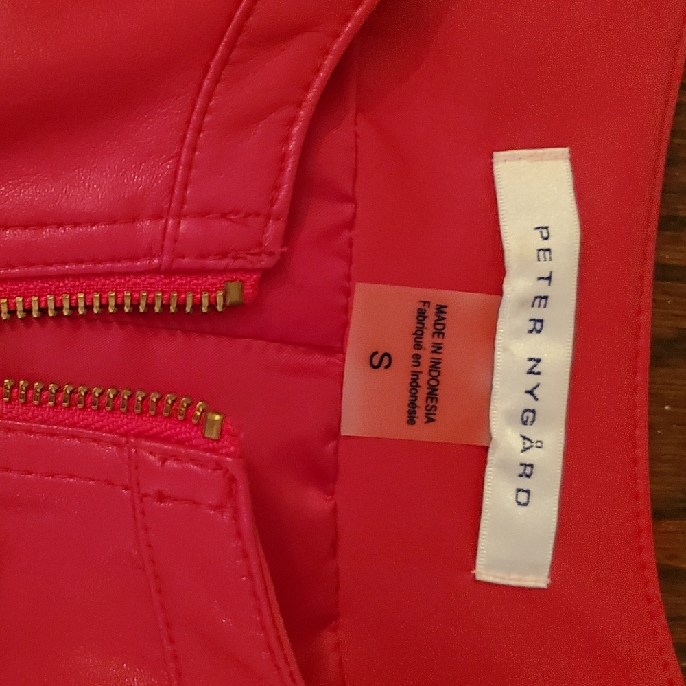 Nygard Collection Missy Faux Leather Blazer Jacket with Lace Sleeves, Poppy - Picture 3 of 3
